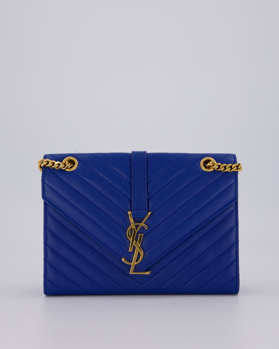 Saint Laurent Blue Electric Cassandra Shoulder Bag in Lambskin Leather With Gold Hardware