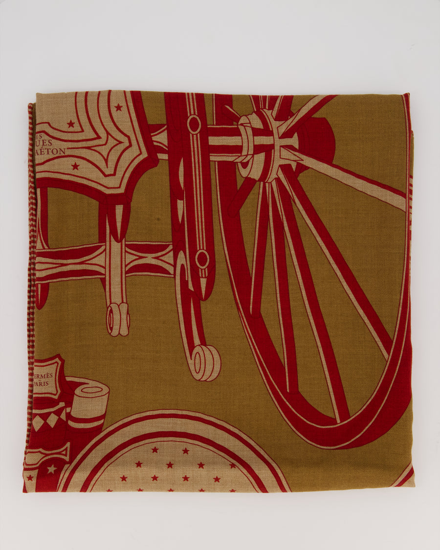 Hermès Noisette, Caramel, Rouge H "Les Roues de Phaeton" Bandana Cashmere and Silk Shawl 2024 Size 140cm x 140cm