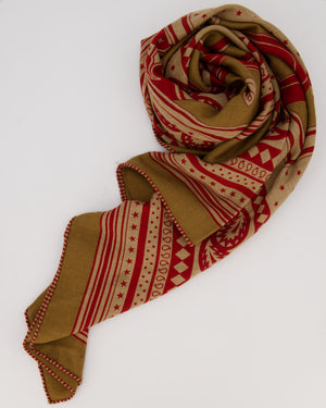 Hermès Noisette, Caramel, Rouge H "Les Roues de Phaeton" Bandana Cashmere and Silk Shawl 2024 Size 140cm x 140cm