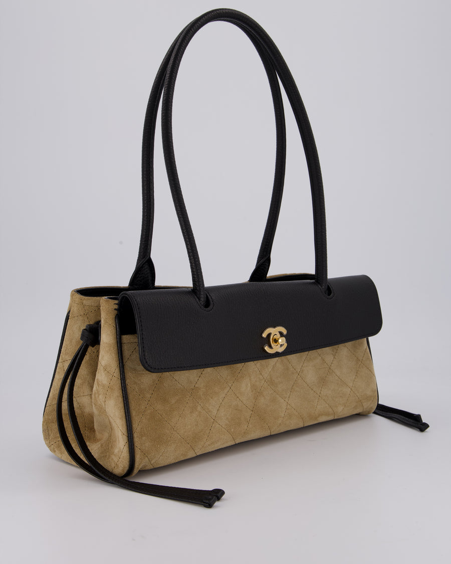 Chanel 26A Shopping Bag in Beige Suede and Black Grained Calfskin with Gold Hardware