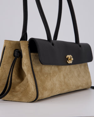 Chanel 26A Shopping Bag in Beige Suede and Black Grained Calfskin with Gold Hardware