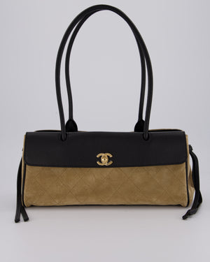 Chanel 26A Shopping Bag in Beige Suede and Black Grained Calfskin with Gold Hardware