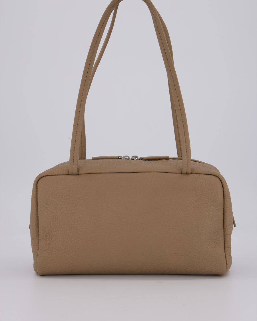The Row Astra Bowling Shoulder Bag in Textured Dark Taupe Leather with Silver Hardware