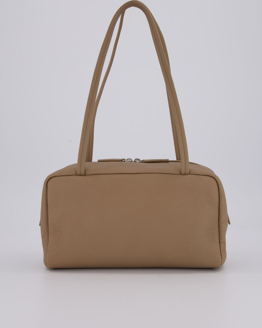 The Row Astra Bowling Shoulder Bag in Textured Dark Taupe Leather with Silver Hardware