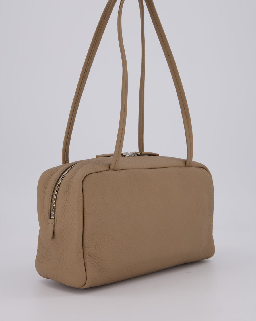 The Row Astra Bowling Shoulder Bag in Textured Dark Taupe Leather with Silver Hardware
