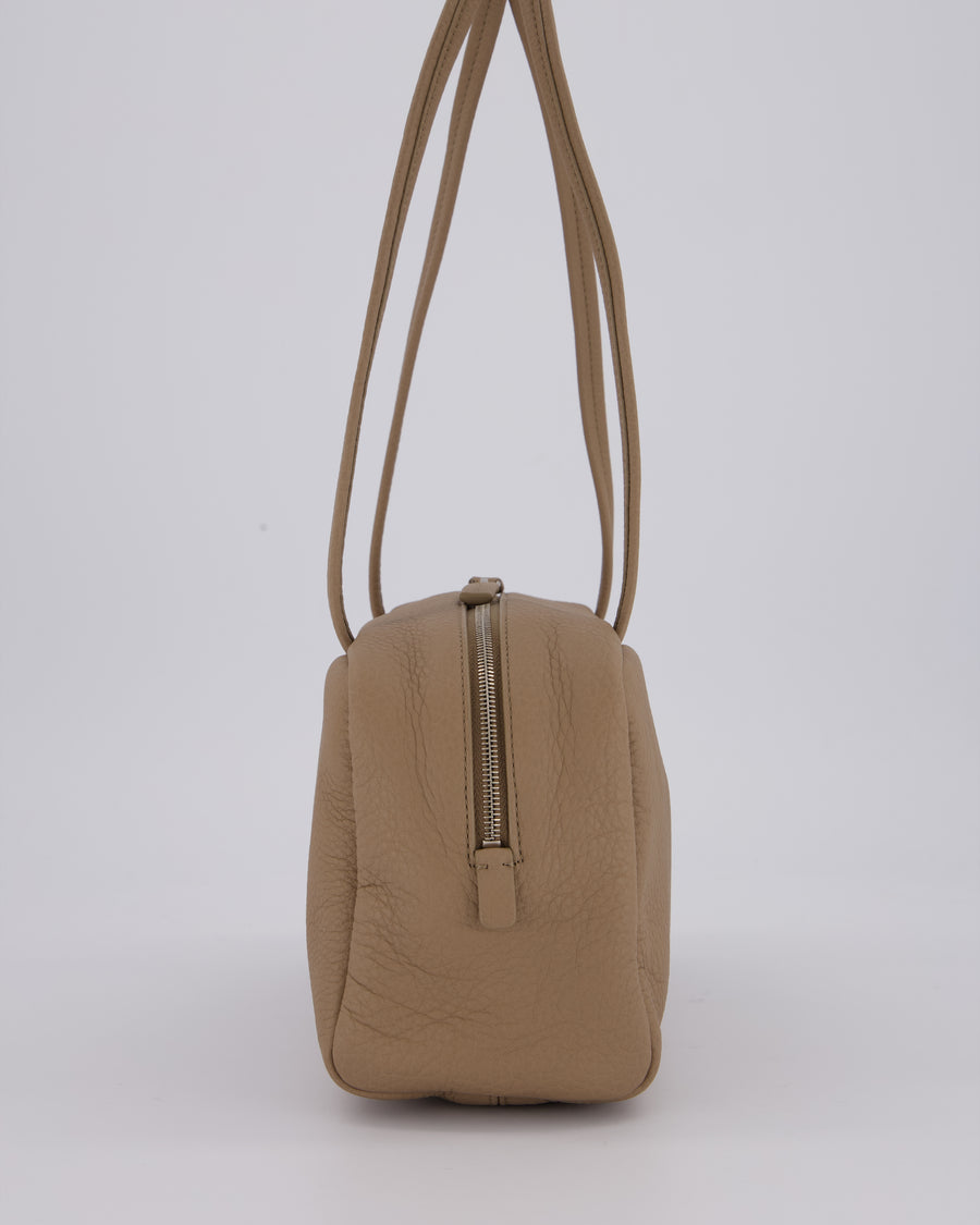 The Row Astra Bowling Shoulder Bag in Textured Dark Taupe Leather with Silver Hardware