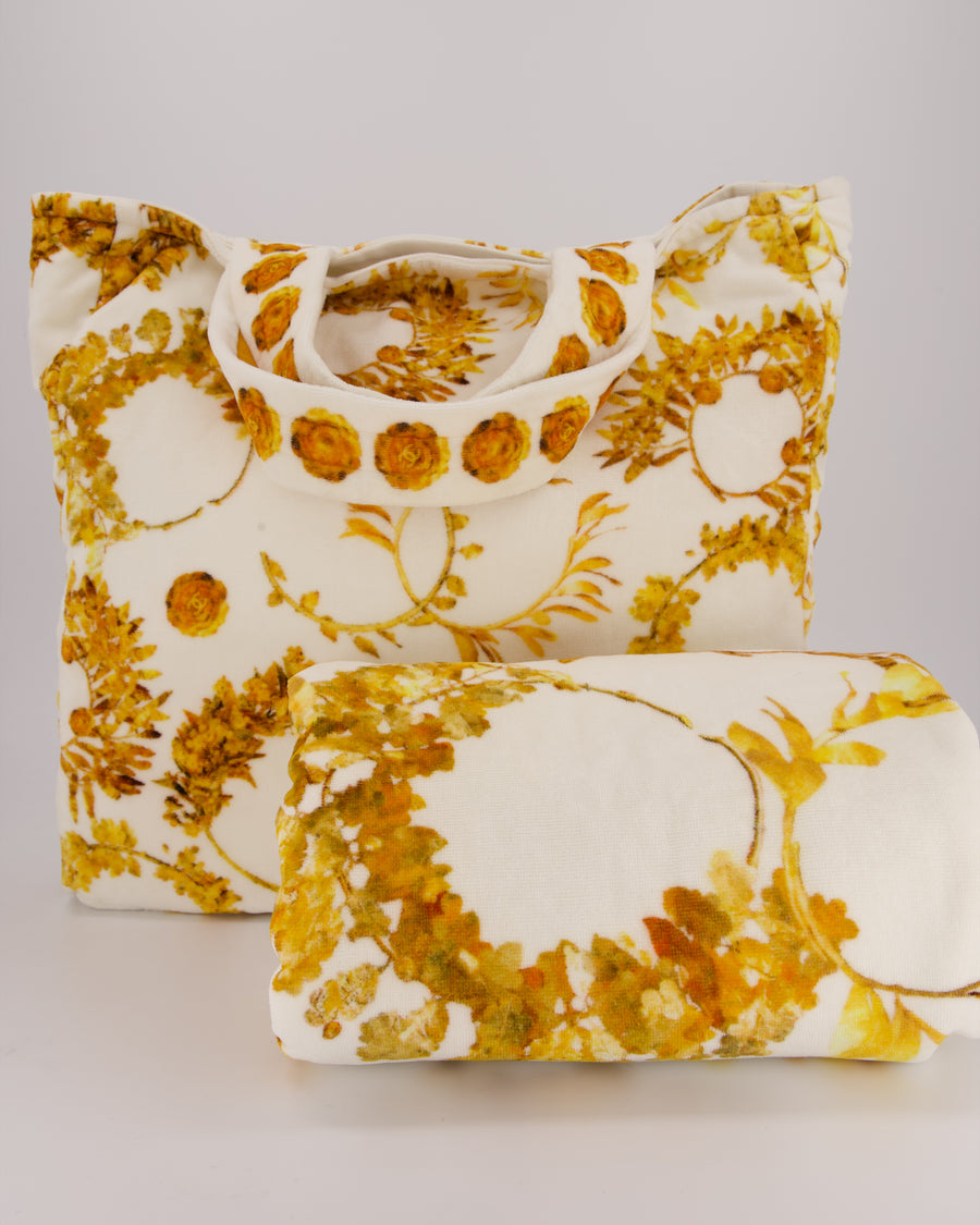 Chanel Paris-Greece Resort White and Orange Floral Print Terrycloth Beach Tote Bag With Matching Towel