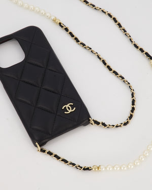 Chanel Black IPhone 16 Lambskin with Pearls and Gold Chain