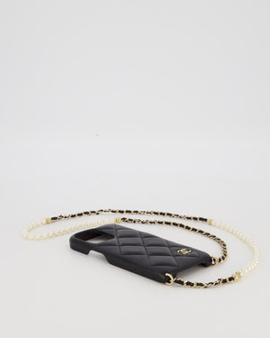 Chanel Black IPhone 16 Lambskin with Pearls and Gold Chain