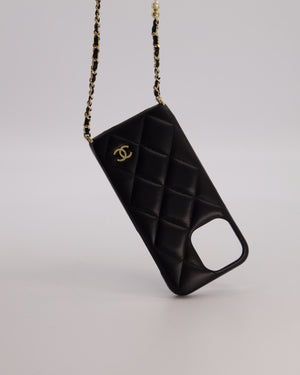 Chanel Black IPhone 16 Lambskin with Pearls and Gold Chain