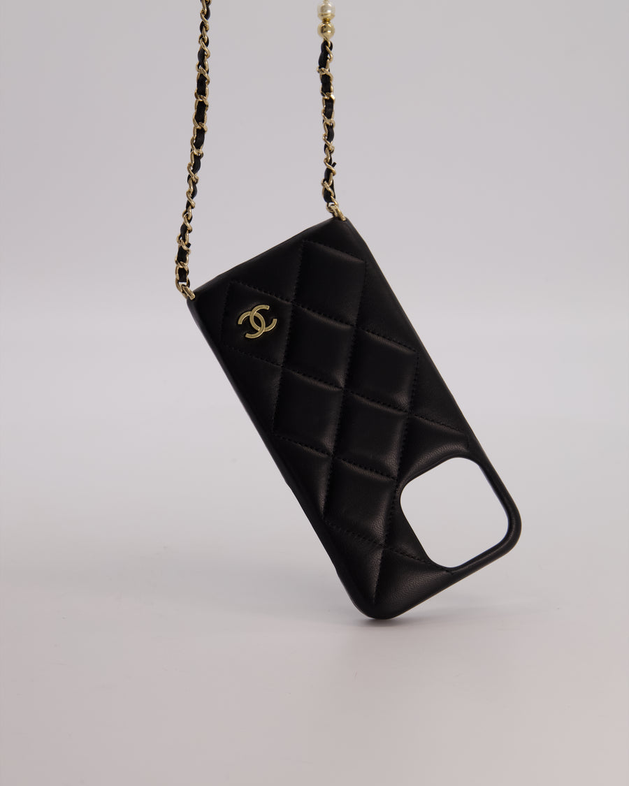 Chanel Black IPhone 16 Lambskin with Pearls and Gold Chain