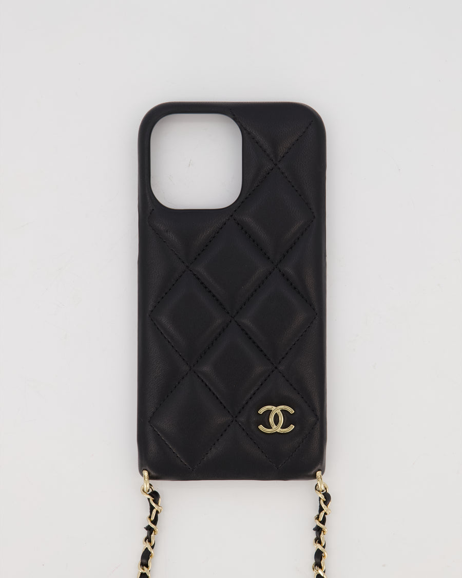 Chanel Black IPhone 16 Lambskin with Pearls and Gold Chain
