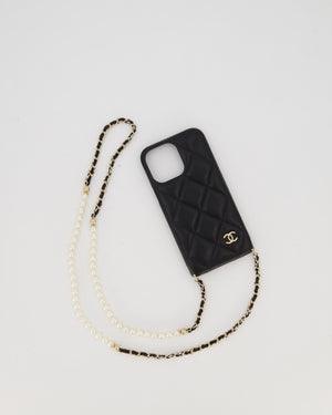 Chanel Black IPhone 16 Lambskin with Pearls and Gold Chain