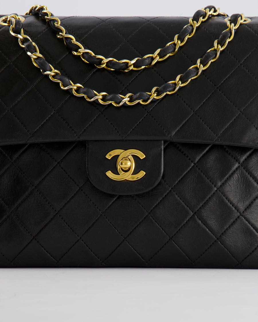 Chanel Vintage Square Medium Classic Double Flap Bag in Black Lambskin Leather with 24K Gold Hardware