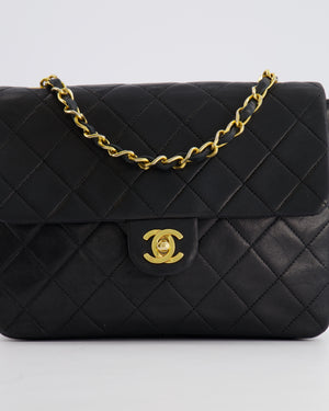 Chanel Vintage Small Square Single Flap Bag in Black Lambskin Leather with 24K Gold Hardware