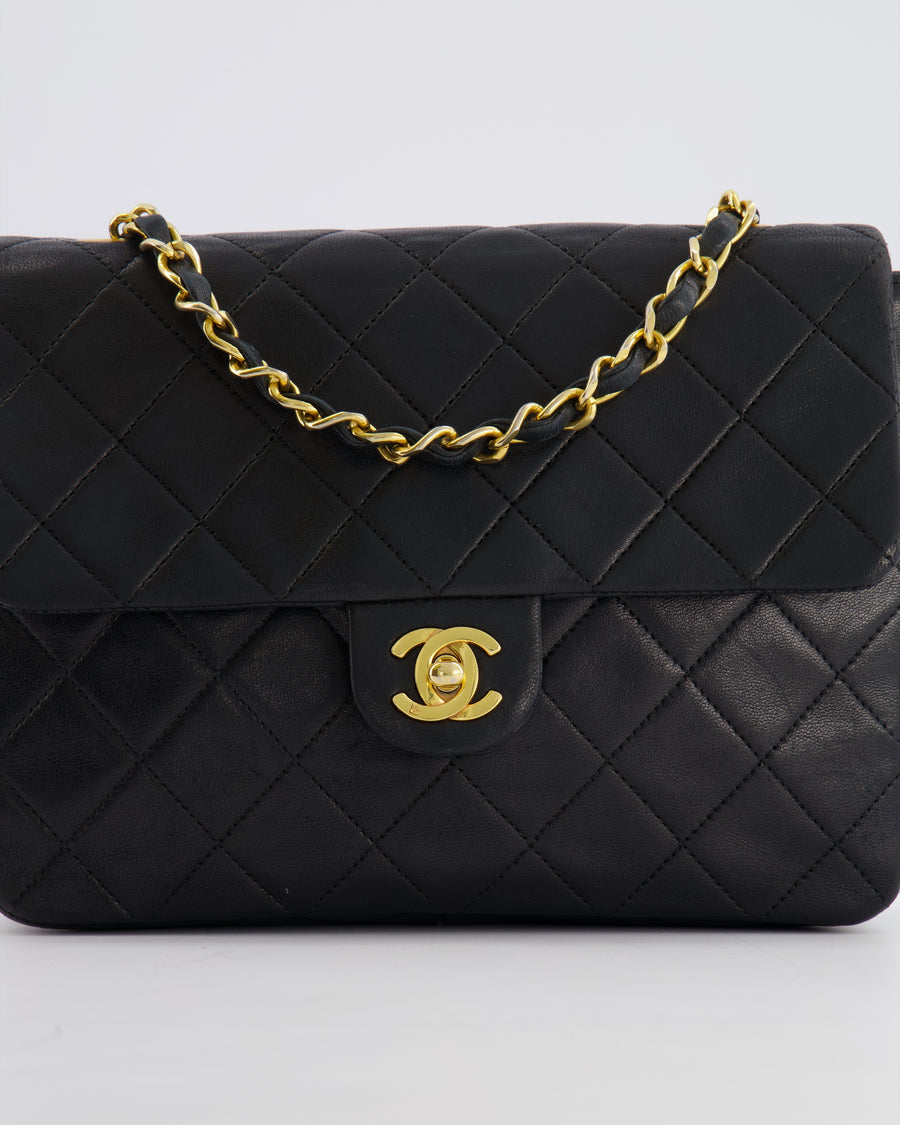 Chanel Vintage Small Square Single Flap Bag in Black Lambskin Leather with 24K Gold Hardware