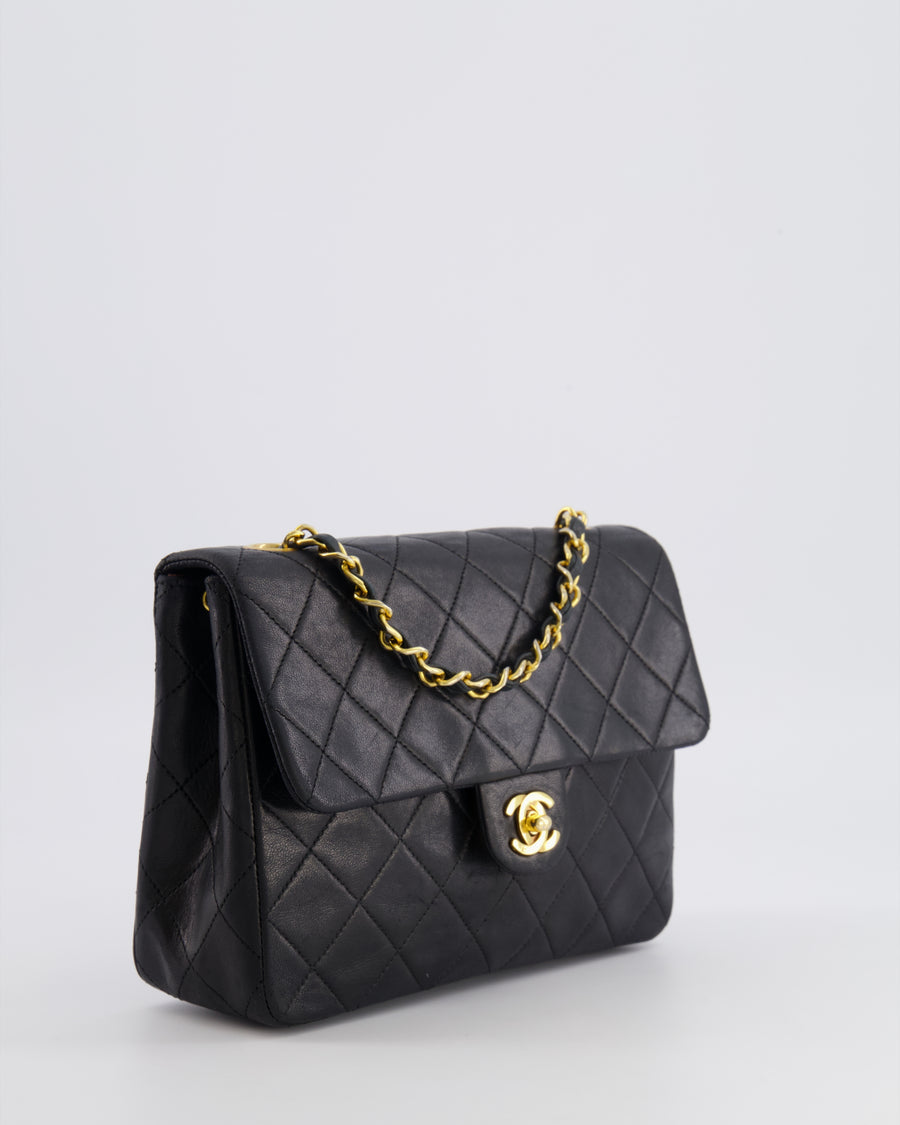 Chanel Vintage Small Square Single Flap Bag in Black Lambskin Leather with 24K Gold Hardware