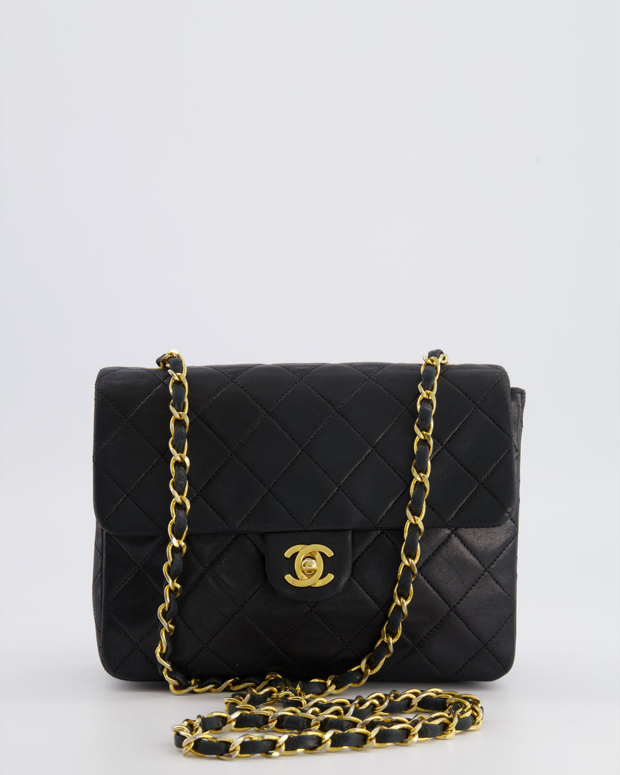 Chanel Vintage Small Square Single Flap Bag in Black Lambskin Leather with 24K Gold Hardware