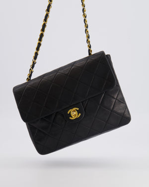 Chanel Vintage Small Square Single Flap Bag in Black Lambskin Leather with 24K Gold Hardware
