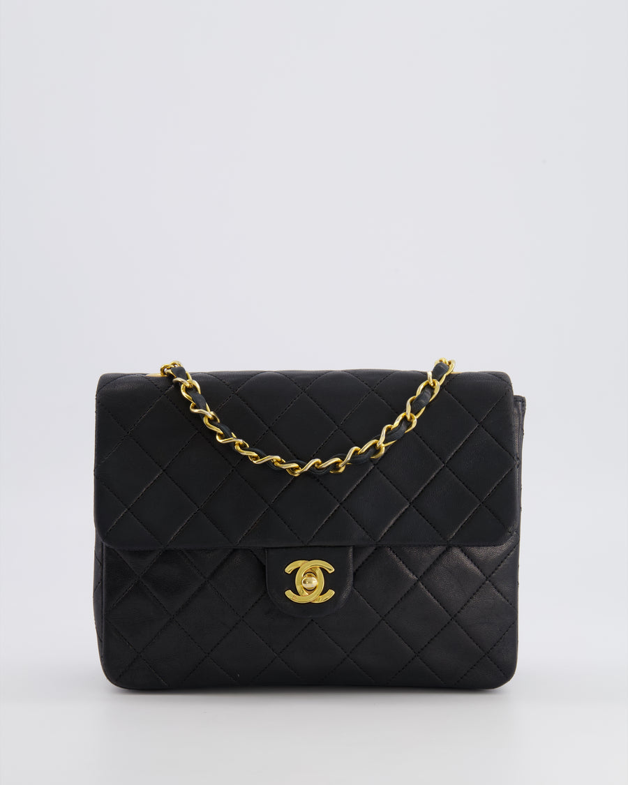 Chanel Vintage Small Square Single Flap Bag in Black Lambskin Leather with 24K Gold Hardware