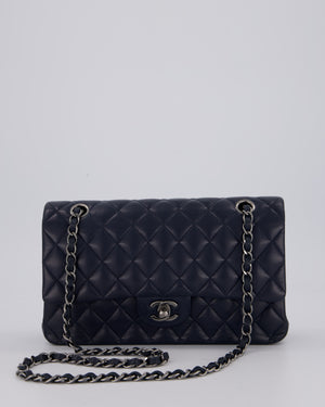 Chanel Medium Navy Classic Double Flap Bag in Lambskin Leather with Silver Hardware
