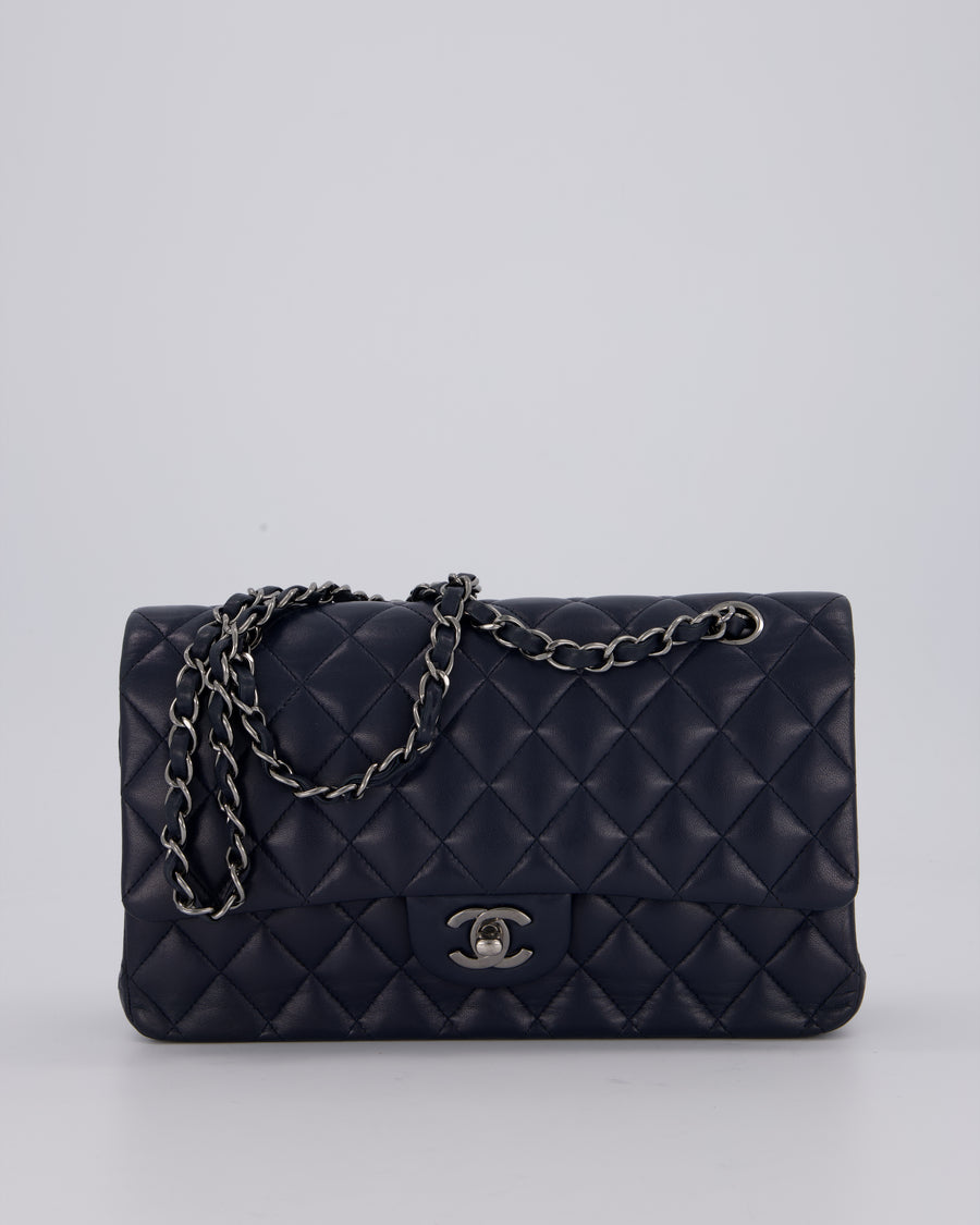 Chanel Medium Navy Classic Double Flap Bag in Lambskin Leather with Silver Hardware