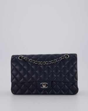 Chanel Medium Navy Classic Double Flap Bag in Lambskin Leather with Silver Hardware