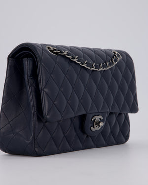 Chanel Medium Navy Classic Double Flap Bag in Lambskin Leather with Silver Hardware