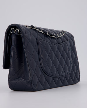 Chanel Medium Navy Classic Double Flap Bag in Lambskin Leather with Silver Hardware
