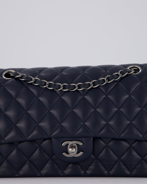 Chanel Medium Navy Classic Double Flap Bag in Lambskin Leather with Silver Hardware