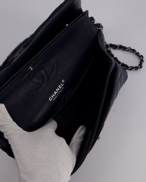 Chanel Medium Navy Classic Double Flap Bag in Lambskin Leather with Silver Hardware