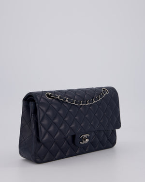 Chanel Medium Navy Classic Double Flap Bag in Lambskin Leather with Silver Hardware