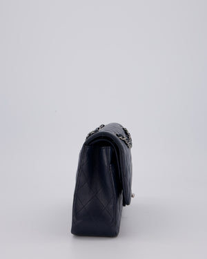 Chanel Medium Navy Classic Double Flap Bag in Lambskin Leather with Silver Hardware