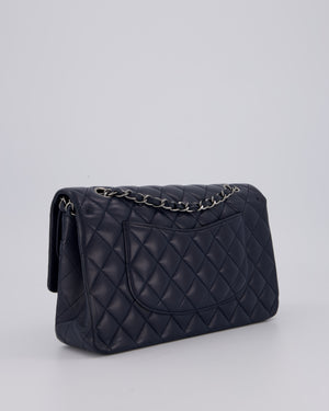 Chanel Medium Navy Classic Double Flap Bag in Lambskin Leather with Silver Hardware