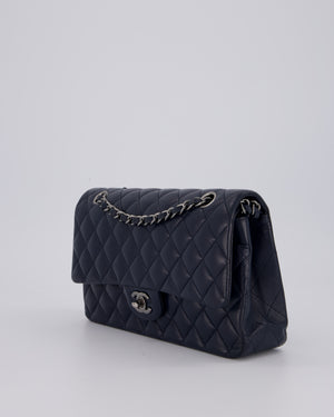Chanel Medium Navy Classic Double Flap Bag in Lambskin Leather with Silver Hardware