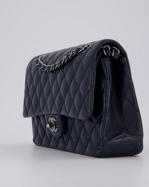 Chanel Medium Navy Classic Double Flap Bag in Lambskin Leather with Silver Hardware