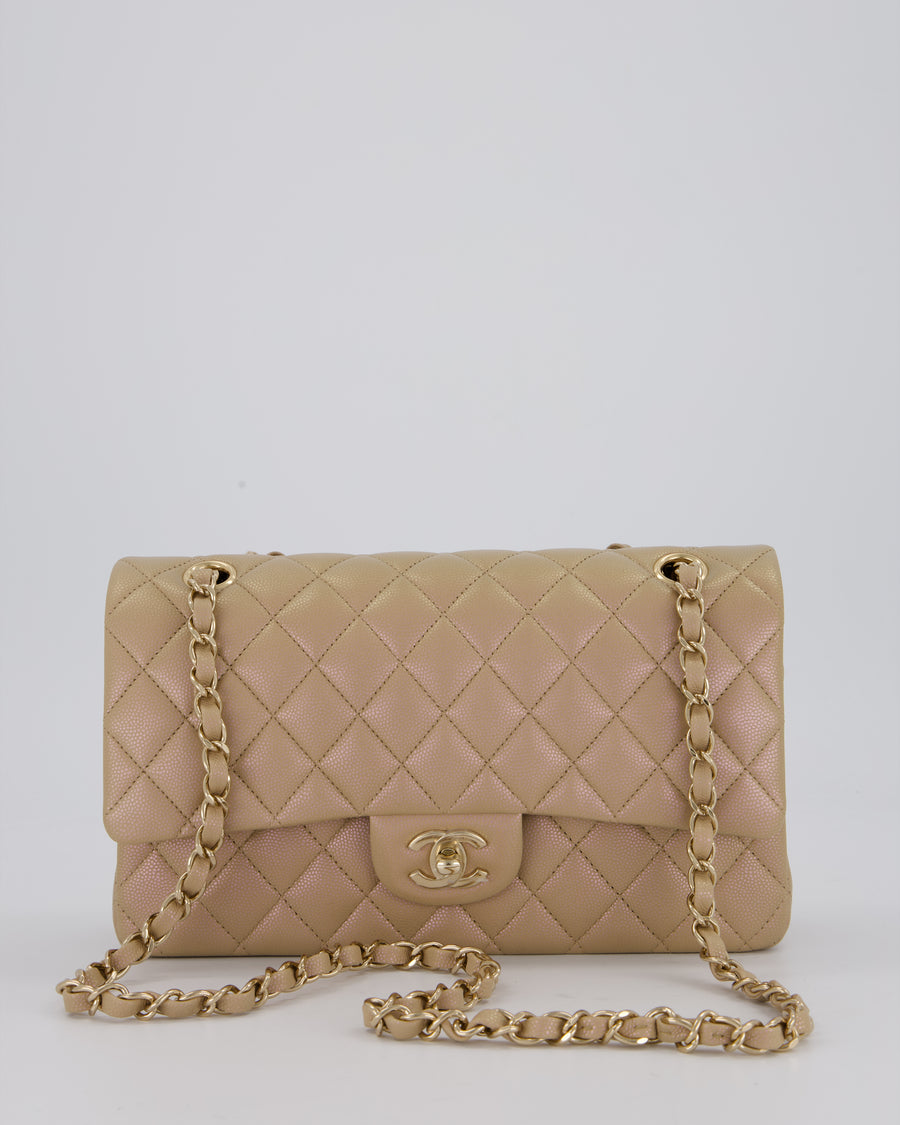 Chanel Iridescent Beige Classic Medium Double Flap Bag in Caviar Leather with Gold Hardware