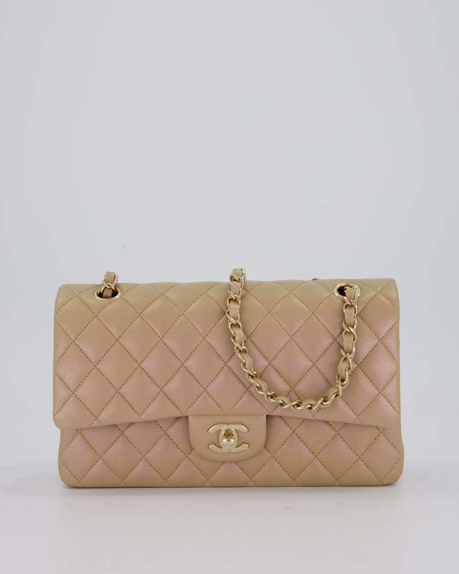 Chanel Iridescent Beige Classic Medium Double Flap Bag in Caviar Leather with Gold Hardware