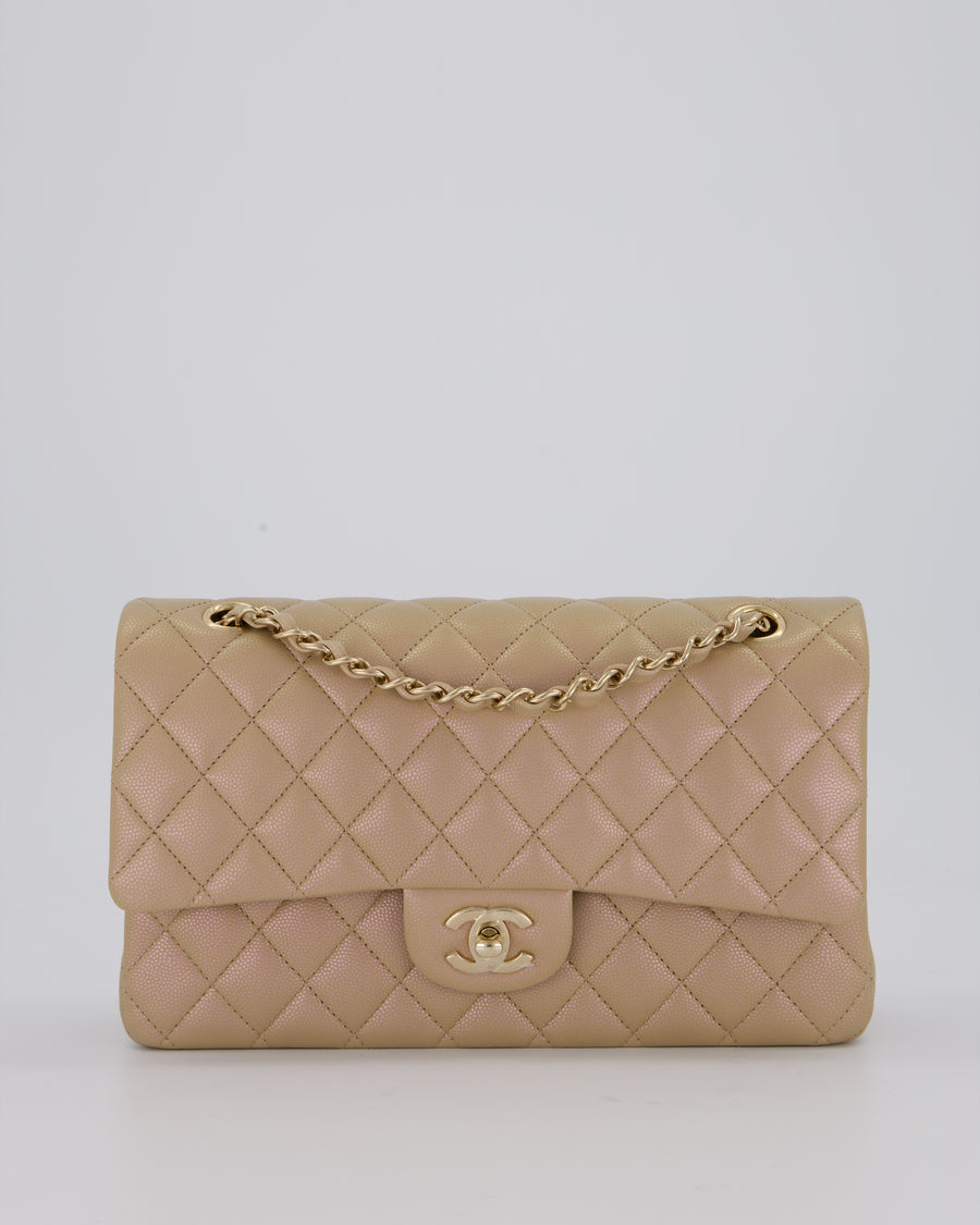 Chanel Iridescent Beige Classic Medium Double Flap Bag in Caviar Leather with Gold Hardware