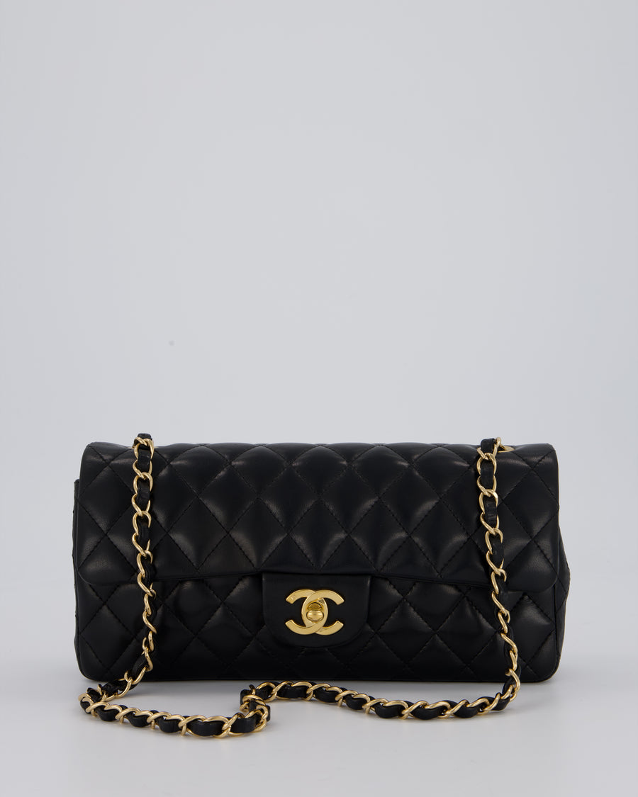 *RARE* Chanel Vintage Black East West Flap Bag In Lambskin Leather with Gold Hardware