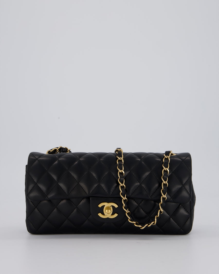 *RARE* Chanel Vintage Black East West Flap Bag In Lambskin Leather with Gold Hardware