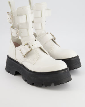 Alexander McQueen White Leather Platform Combat Boots with Cut-Outs and Silver Buckle Details Size EU 37
