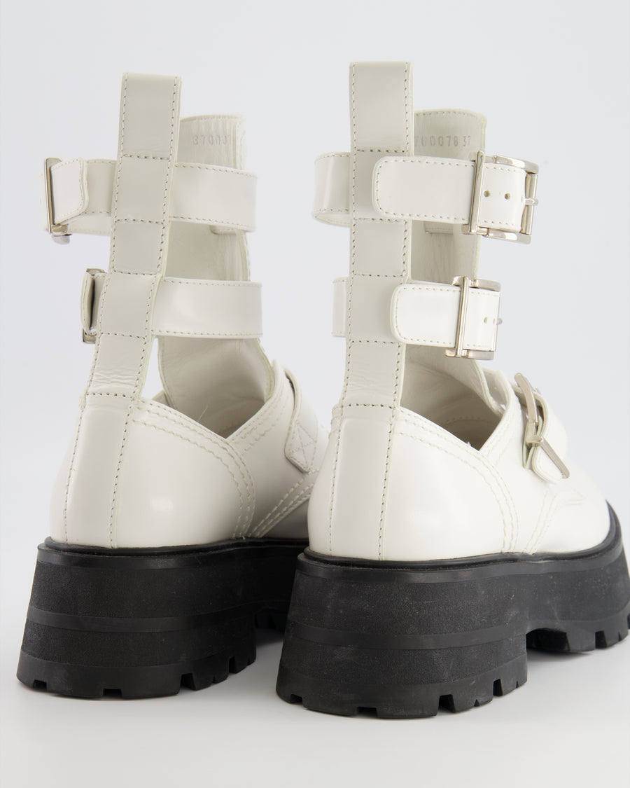 Alexander McQueen White Leather Platform Combat Boots with Cut-Outs and Silver Buckle Details Size EU 37