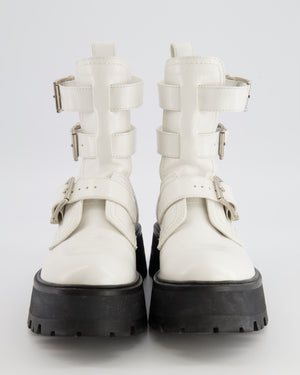 Alexander McQueen White Leather Platform Combat Boots with Cut-Outs and Silver Buckle Details Size EU 37