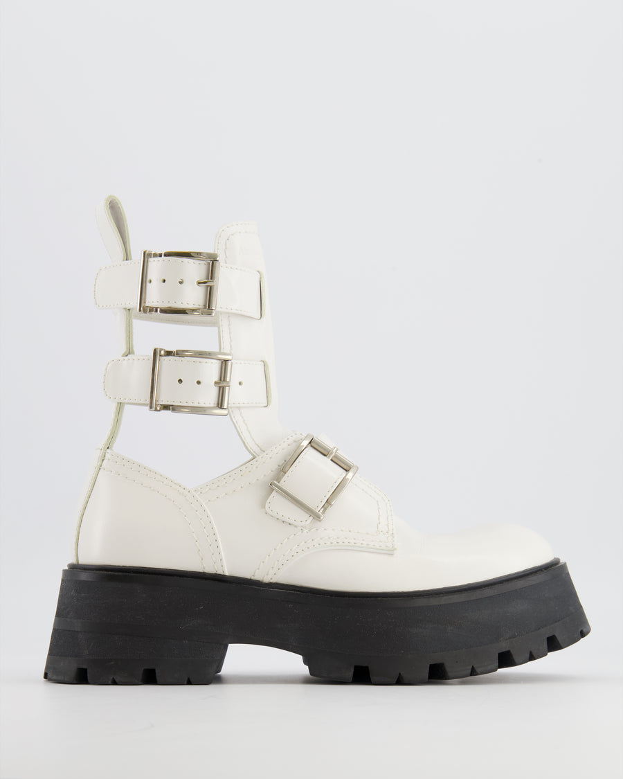 Alexander McQueen White Leather Platform Combat Boots with Cut-Outs and Silver Buckle Details Size EU 37