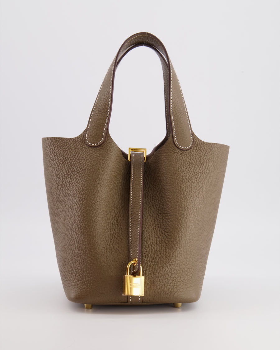Hermès Picotin Lock 18 Bag in Etoupe Clemence Leather with Gold Hardware