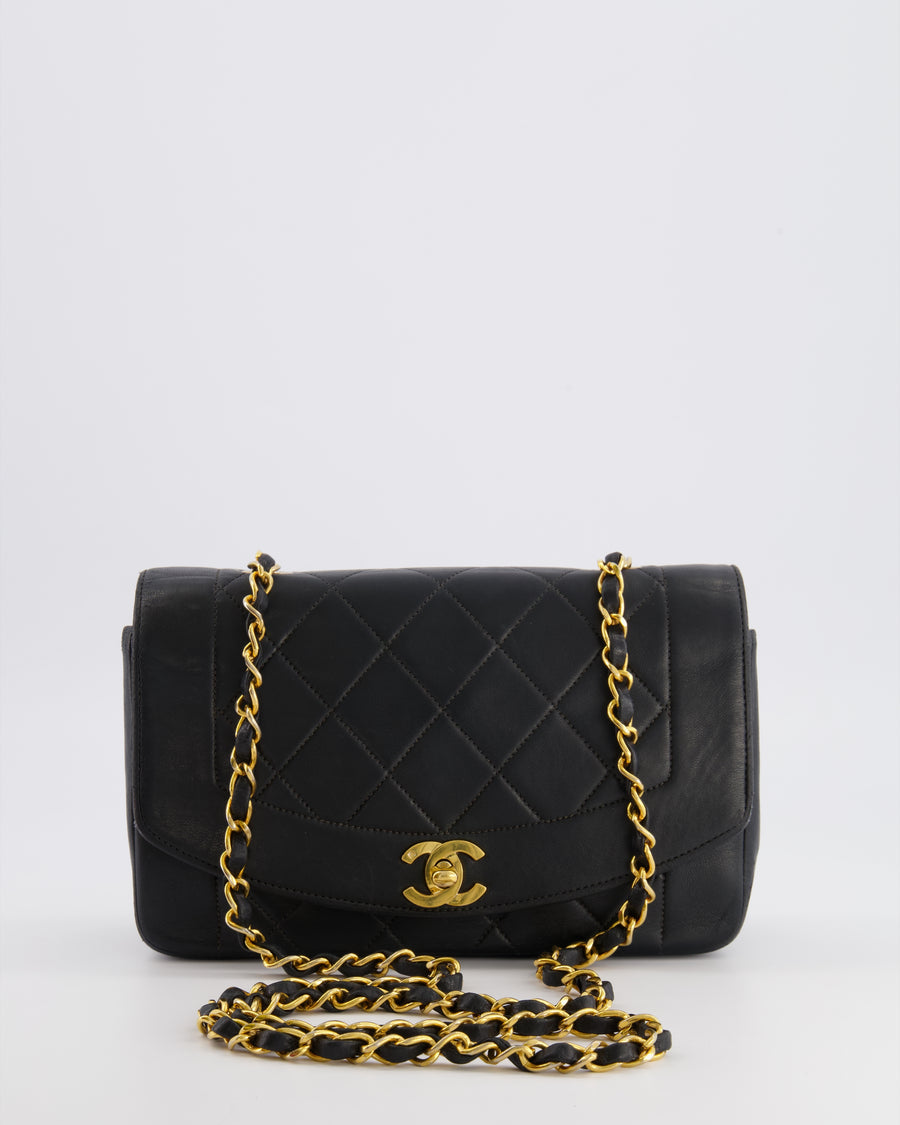 Chanel Vintage Small Diana Flap Bag in Black Lambskin Leather with 24K Gold Hardware