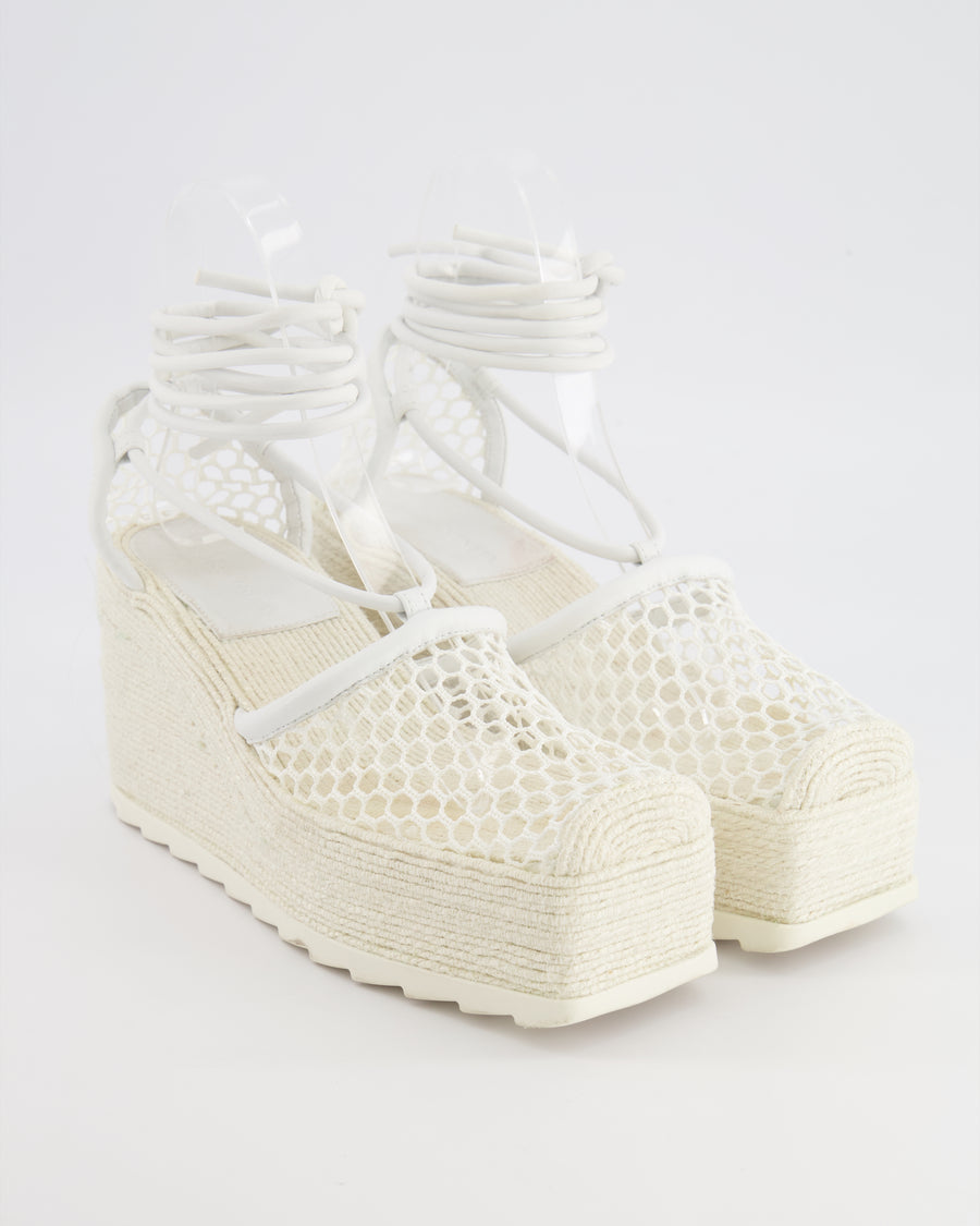 Bottega Veneta White Mesh Espadrilles Heel Pumps with Square Toe and Ankle Tie Detail Size EU 37