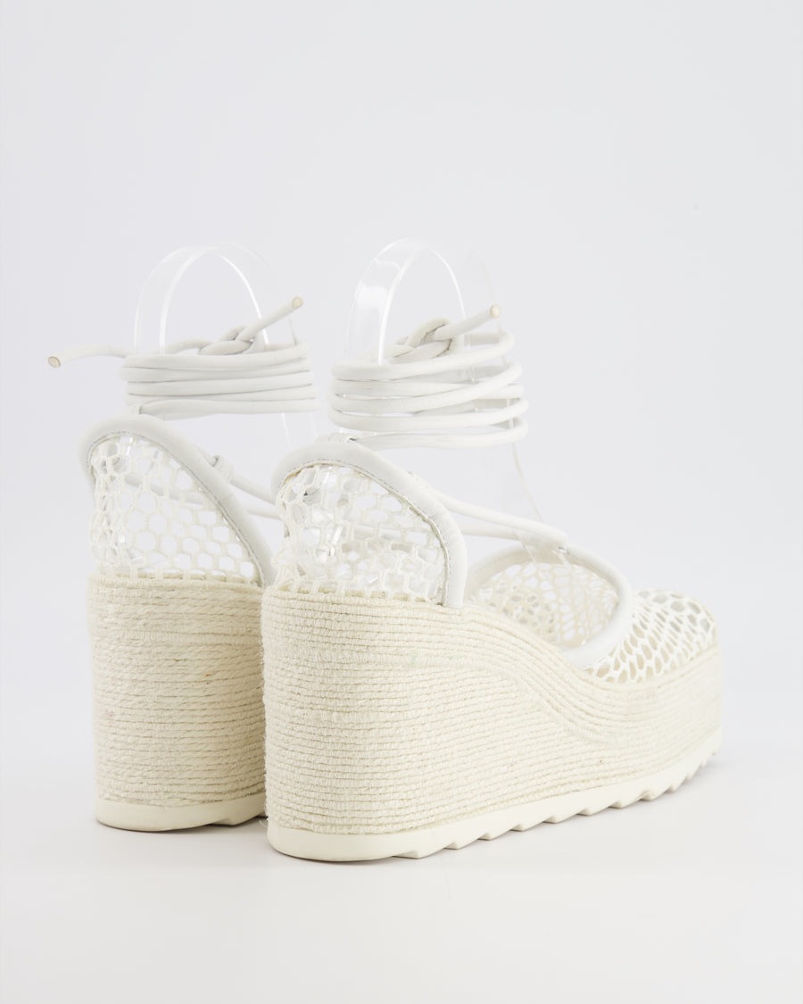 Bottega Veneta White Mesh Espadrilles Heel Pumps with Square Toe and Ankle Tie Detail Size EU 37