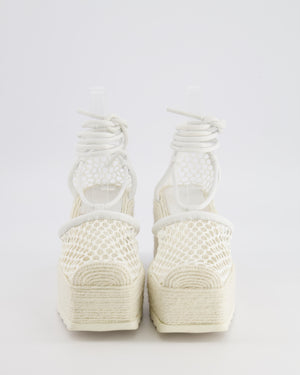 Bottega Veneta White Mesh Espadrilles Heel Pumps with Square Toe and Ankle Tie Detail Size EU 37